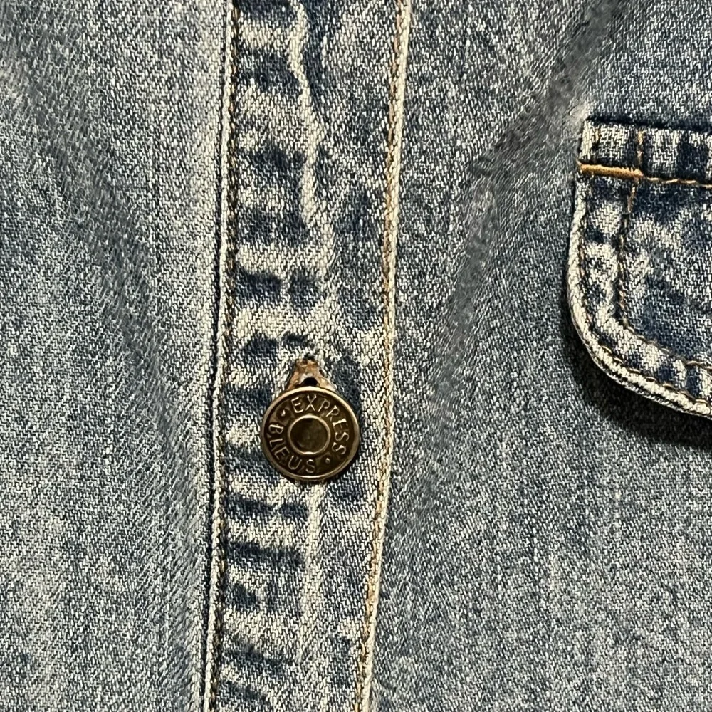 Vintage Express Bleus Blue Denim Distressed Button Long Sleeve Shirt Jacket LG - Picture 4 of 9